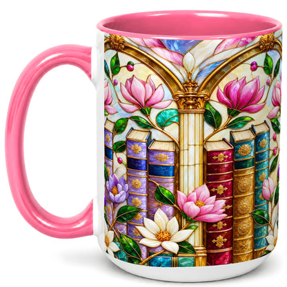 #pl[15oz|Pink] Floral Library Coffee Mug, Stained Glass Book Mug, Ceramic Cup