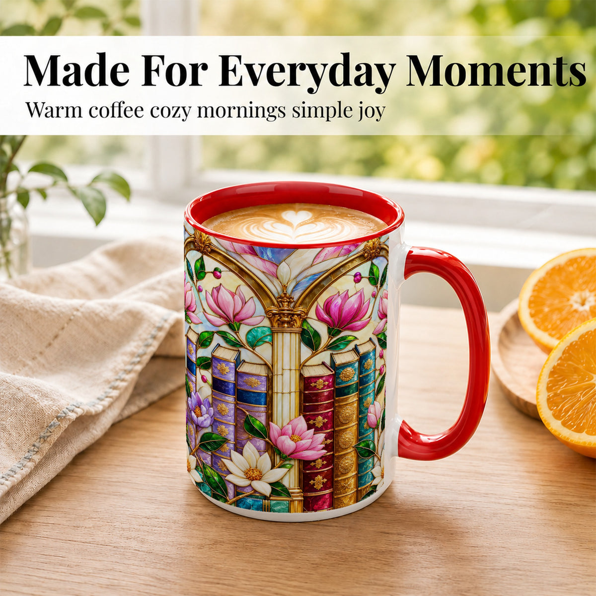 #pl[15oz|Red] Floral Library Coffee Mug, Stained Glass Book Mug, Ceramic Cup