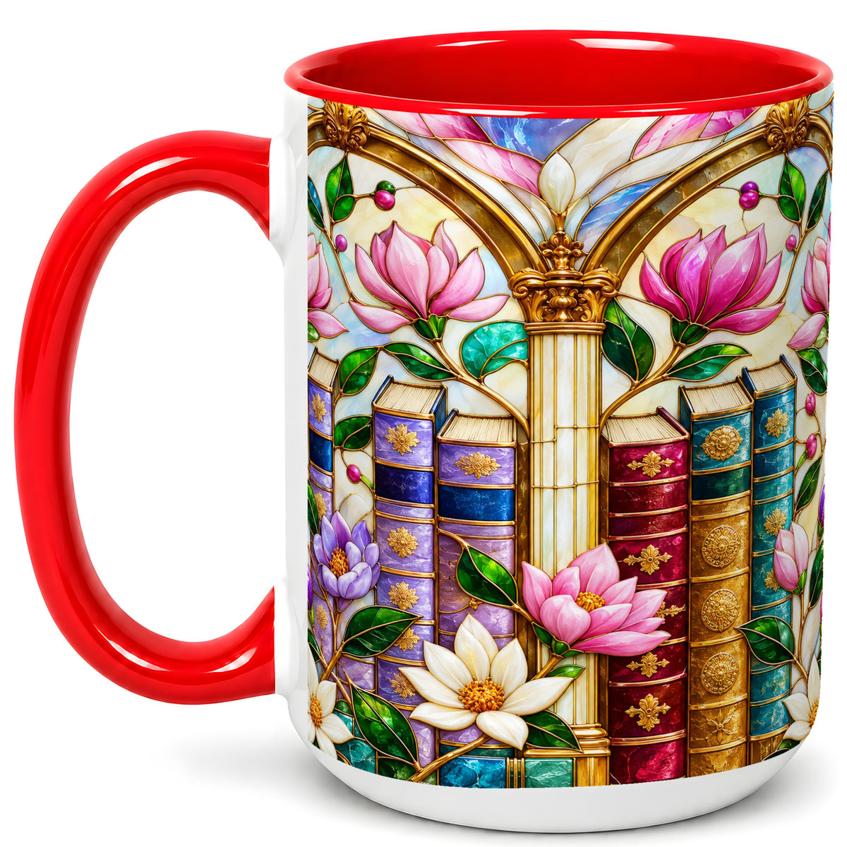 #pl[15oz|Red] Floral Library Coffee Mug, Stained Glass Book Mug, Ceramic Cup