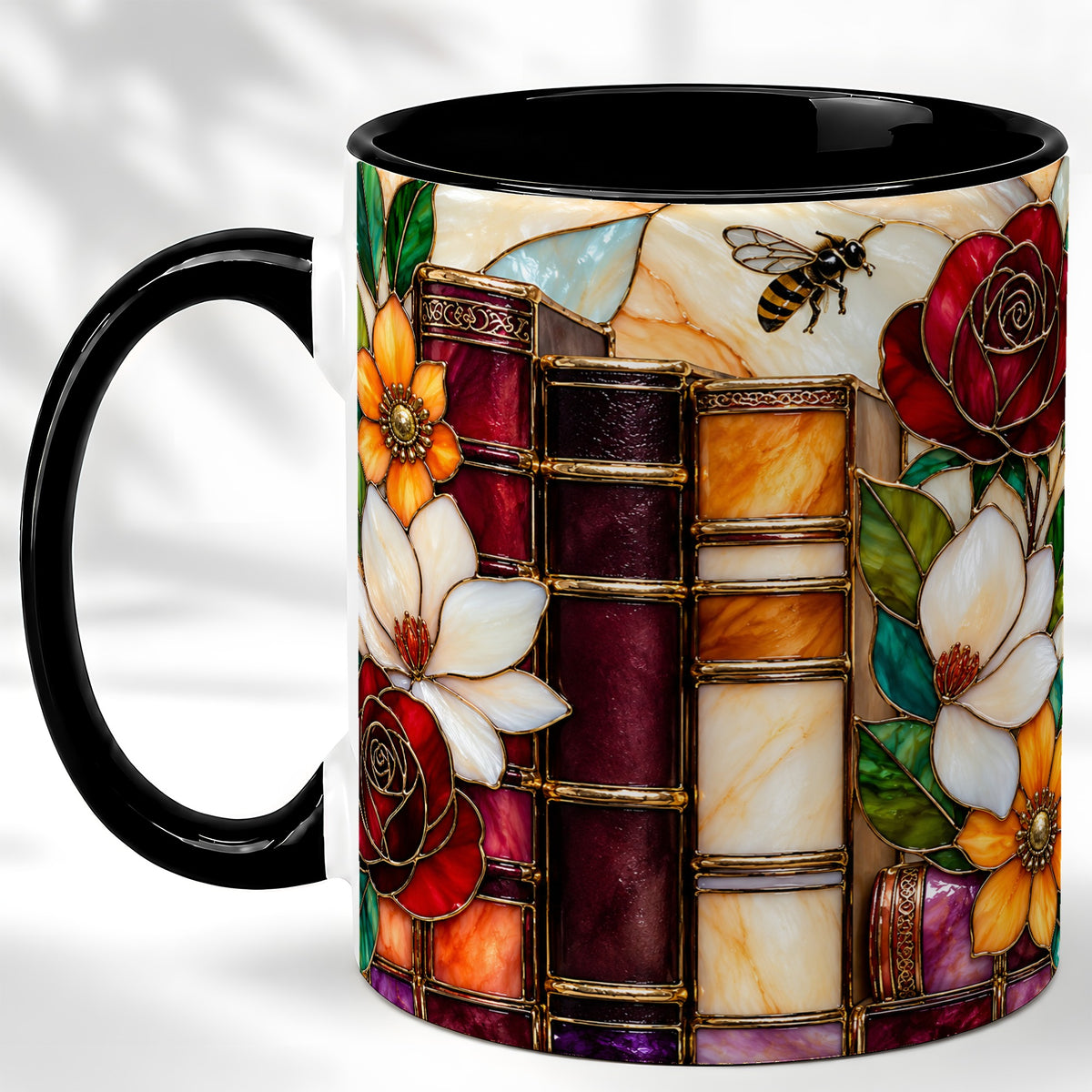 #pl[11oz|Black] Book Floral Coffee Mug, Stained Glass Mug, Ceramic Cup