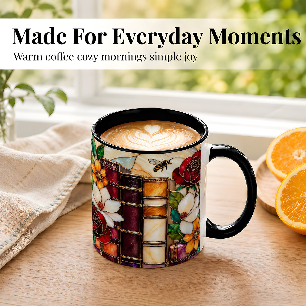 #pl[11oz|Black] Book Floral Coffee Mug, Stained Glass Mug, Ceramic Cup