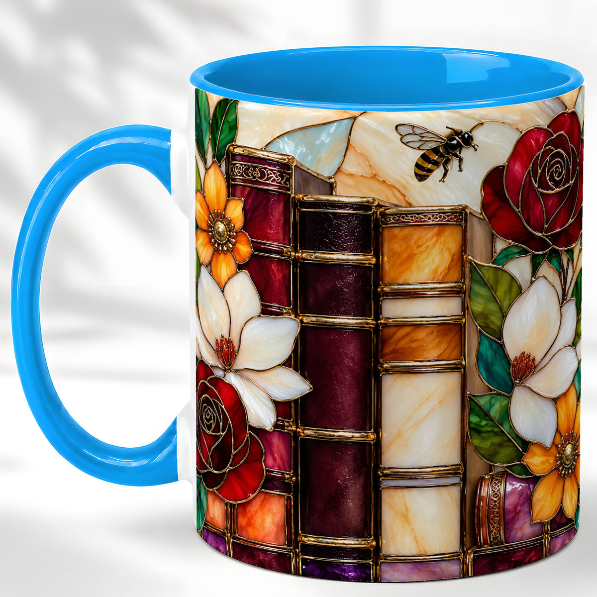 #pl[11oz|Blue] Book Floral Coffee Mug, Stained Glass Mug, Ceramic Cup