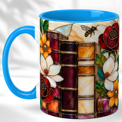 #pl[11oz|Blue] Book Floral Coffee Mug, Stained Glass Mug, Ceramic Cup