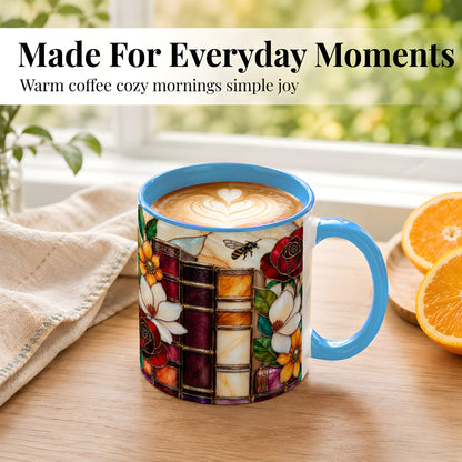 #pl[11oz|Blue] Book Floral Coffee Mug, Stained Glass Mug, Ceramic Cup