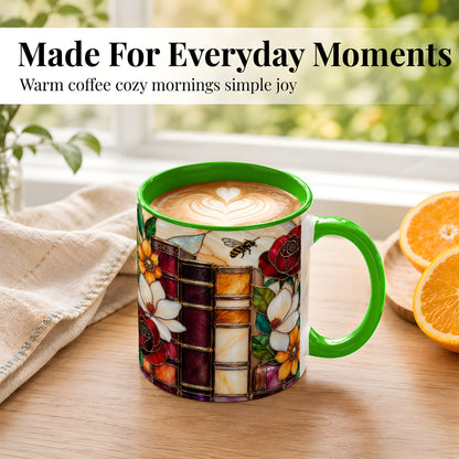 #pl[11oz|Green] Book Floral Coffee Mug, Stained Glass Mug, Ceramic Cup