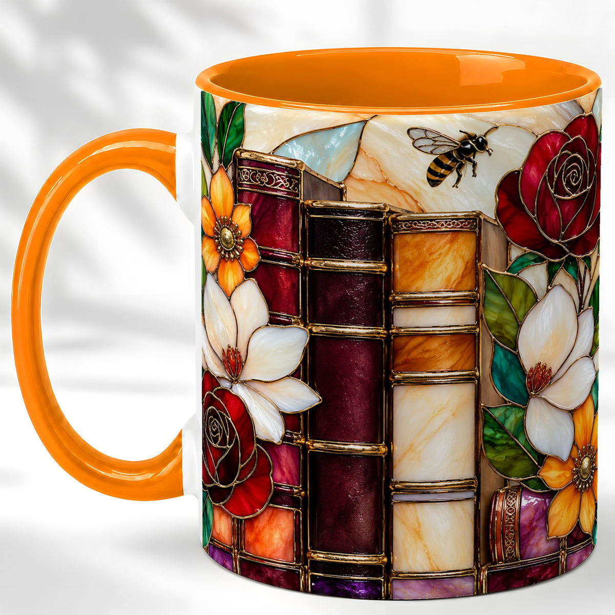 #pl[11oz|Orange] Book Floral Coffee Mug, Stained Glass Mug, Ceramic Cup