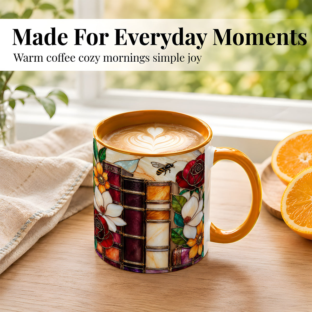 #pl[11oz|Orange] Book Floral Coffee Mug, Stained Glass Mug, Ceramic Cup