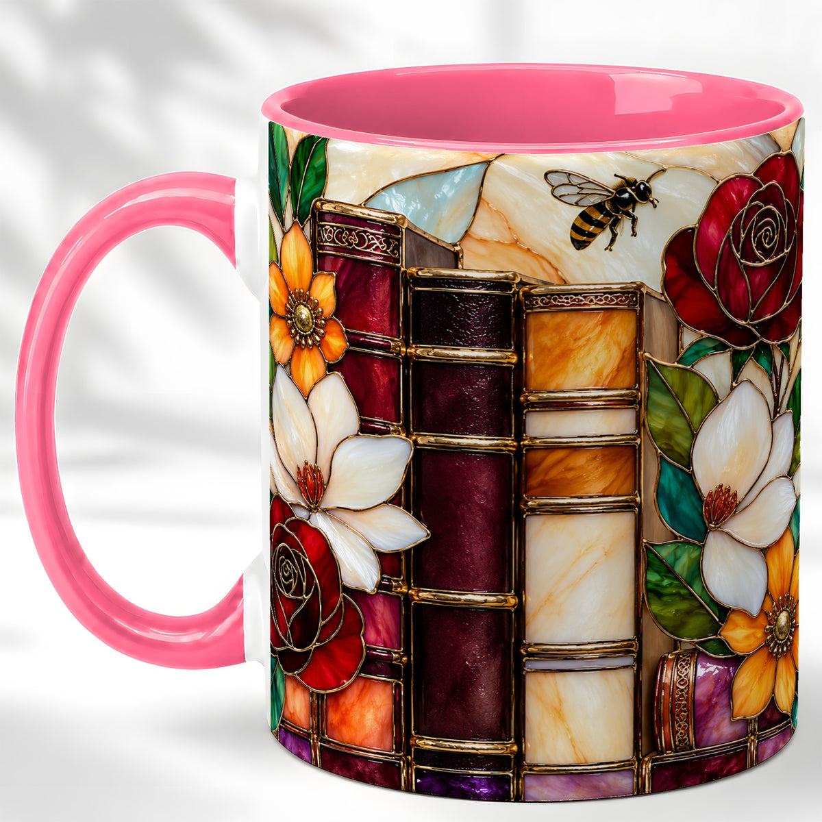 #pl[11oz|Pink] Book Floral Coffee Mug, Stained Glass Mug, Ceramic Cup