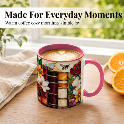 #pl[11oz|Pink] Book Floral Coffee Mug, Stained Glass Mug, Ceramic Cup