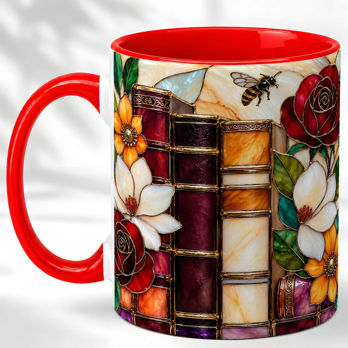 Book Floral Coffee Mug, Stained Glass Mug, Ceramic Cup