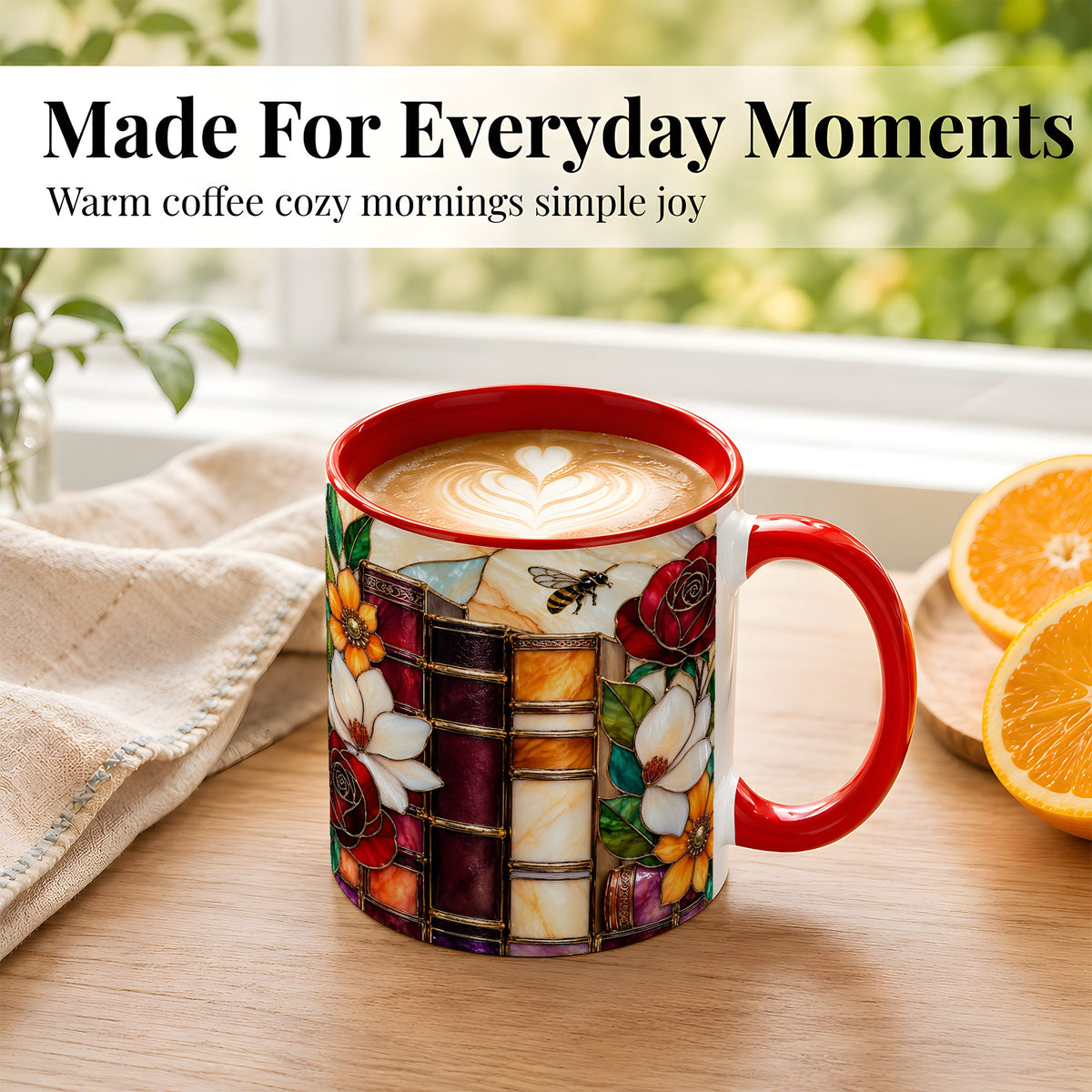 #pl[11oz|Red] Book Floral Coffee Mug, Stained Glass Mug, Ceramic Cup