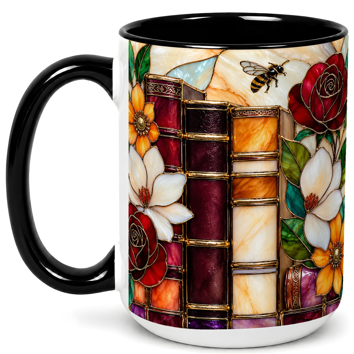 #pl[15oz|Black] Book Floral Coffee Mug, Stained Glass Mug, Ceramic Cup
