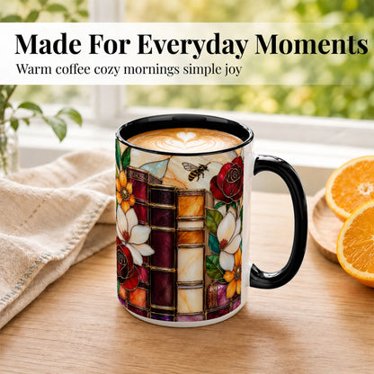#pl[15oz|Black] Book Floral Coffee Mug, Stained Glass Mug, Ceramic Cup