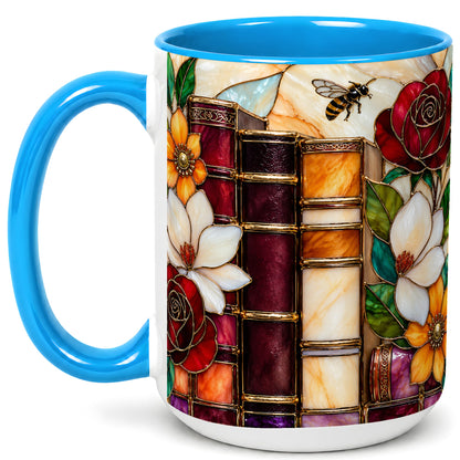#pl[15oz|Blue] Book Floral Coffee Mug, Stained Glass Mug, Ceramic Cup