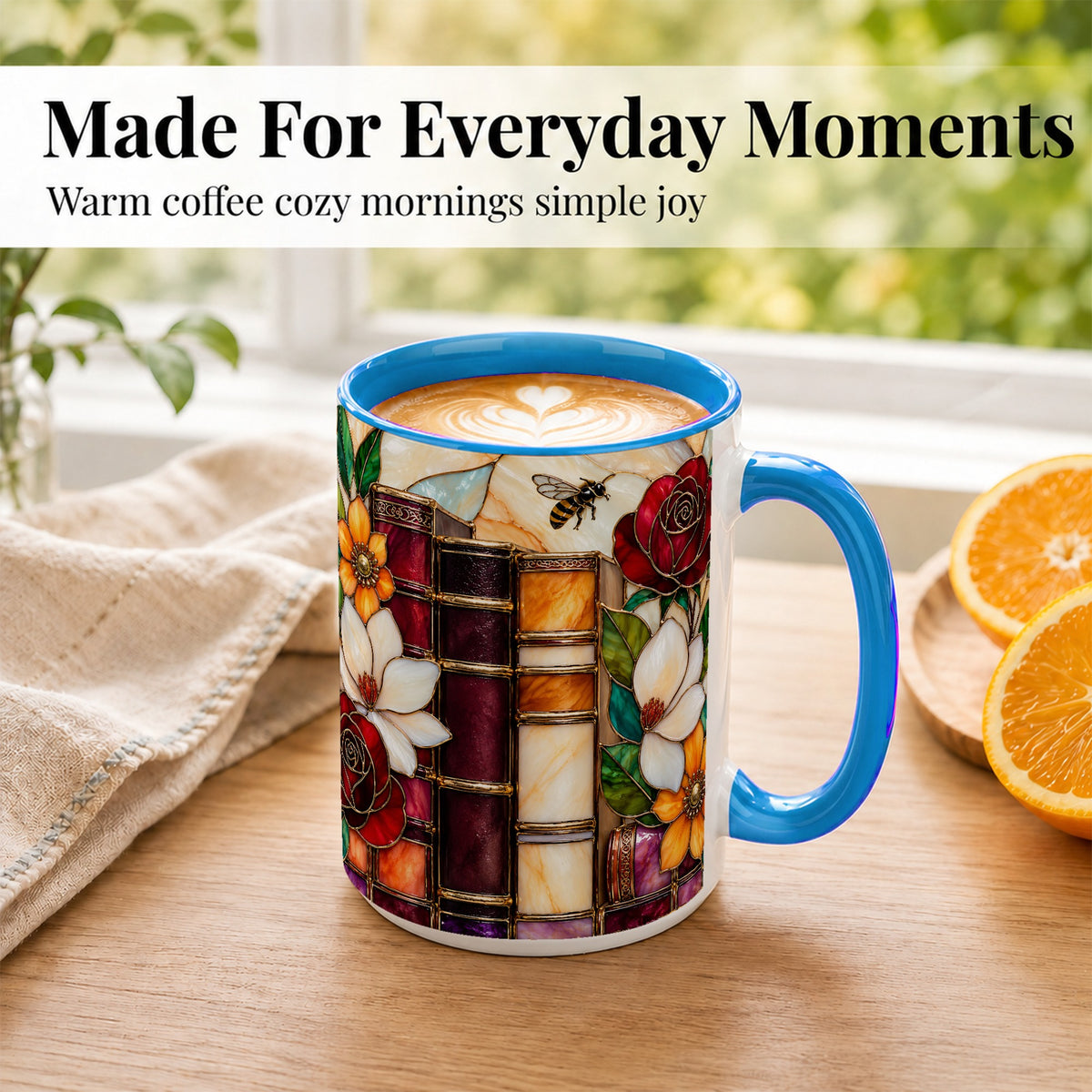 #pl[15oz|Blue] Book Floral Coffee Mug, Stained Glass Mug, Ceramic Cup