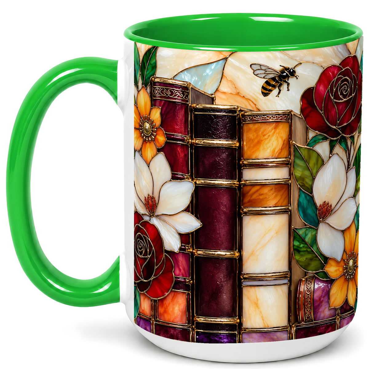 #pl[15oz|Green] Book Floral Coffee Mug, Stained Glass Mug, Ceramic Cup