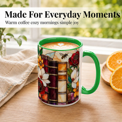 #pl[15oz|Green] Book Floral Coffee Mug, Stained Glass Mug, Ceramic Cup
