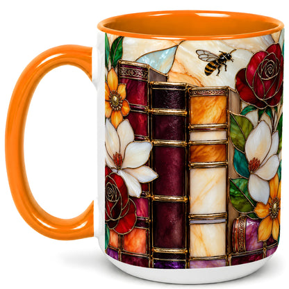 #pl[15oz|Orange] Book Floral Coffee Mug, Stained Glass Mug, Ceramic Cup