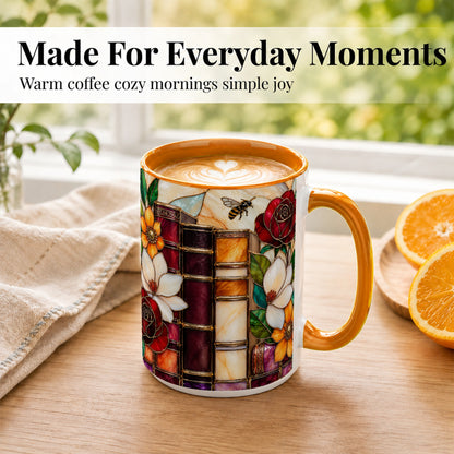 #pl[15oz|Orange] Book Floral Coffee Mug, Stained Glass Mug, Ceramic Cup