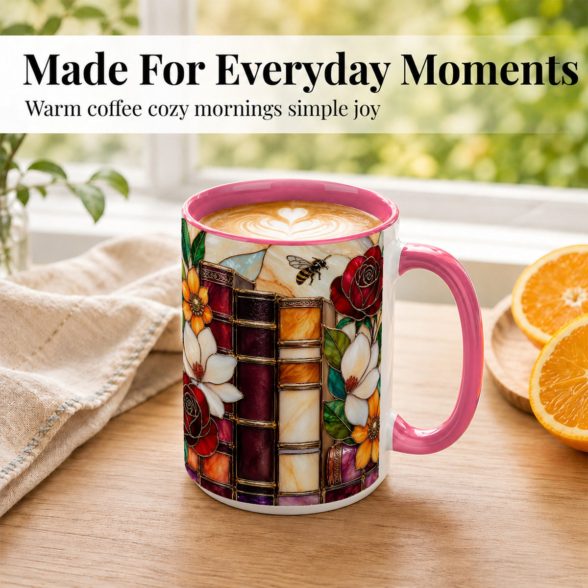 #pl[15oz|Pink] Book Floral Coffee Mug, Stained Glass Mug, Ceramic Cup