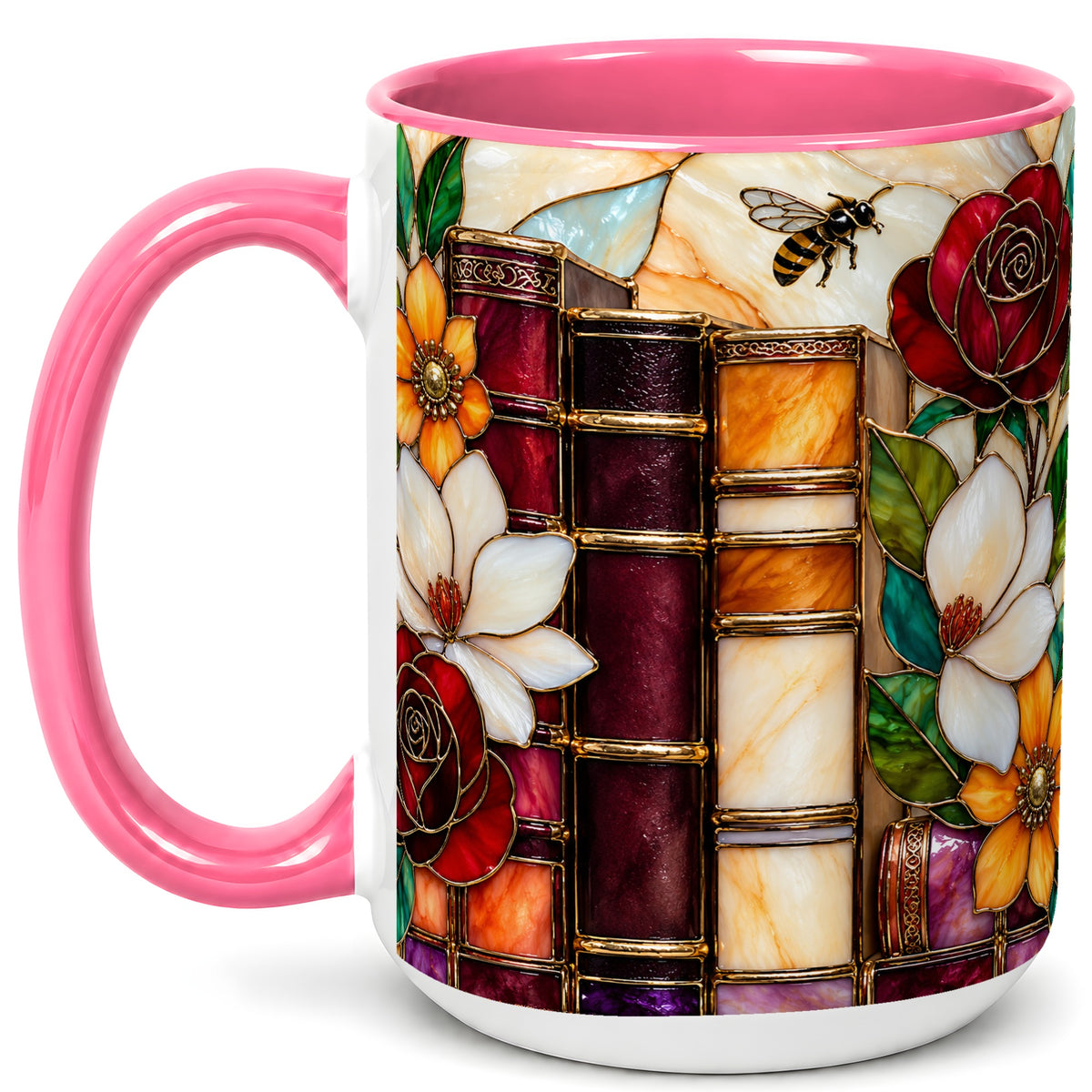#pl[15oz|Pink] Book Floral Coffee Mug, Stained Glass Mug, Ceramic Cup