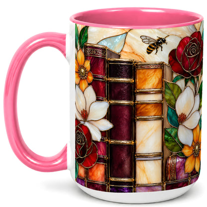 #pl[15oz|Pink] Book Floral Coffee Mug, Stained Glass Mug, Ceramic Cup