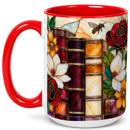 #pl[15oz|Red] Book Floral Coffee Mug, Stained Glass Mug, Ceramic Cup