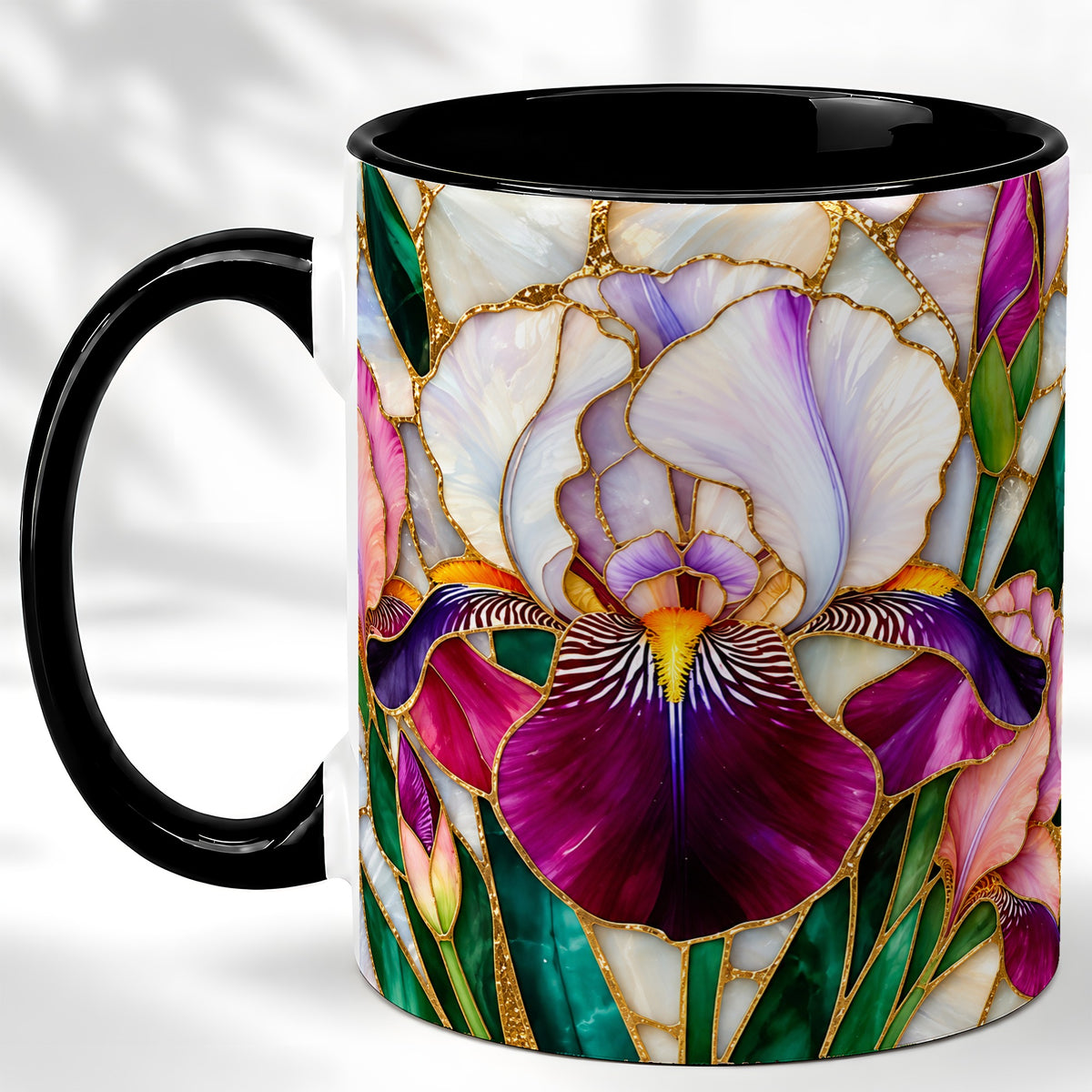 #pl[11oz|Black] Iris Flower Coffee Mug, Stained Glass Mug, Ceramic Cup