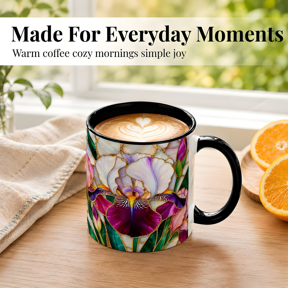 #pl[11oz|Black] Iris Flower Coffee Mug, Stained Glass Mug, Ceramic Cup