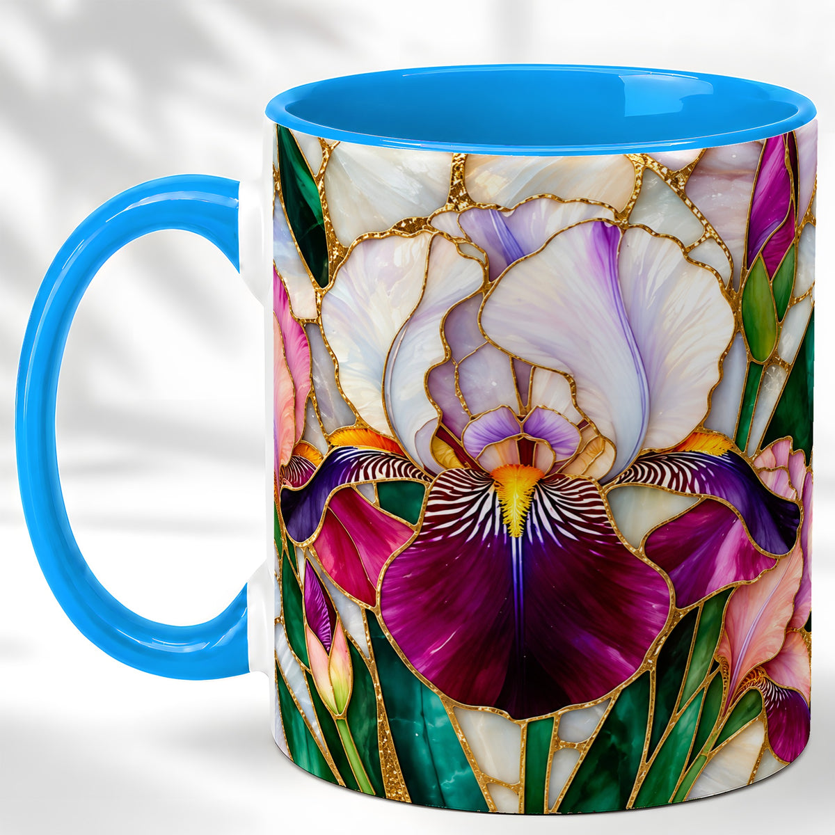 #pl[11oz|Blue] Iris Flower Coffee Mug, Stained Glass Mug, Ceramic Cup