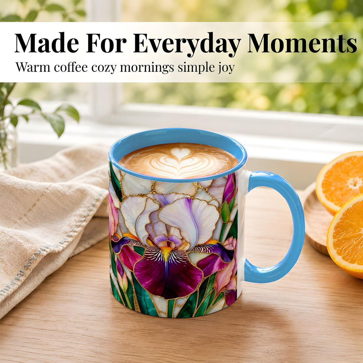 #pl[11oz|Blue] Iris Flower Coffee Mug, Stained Glass Mug, Ceramic Cup