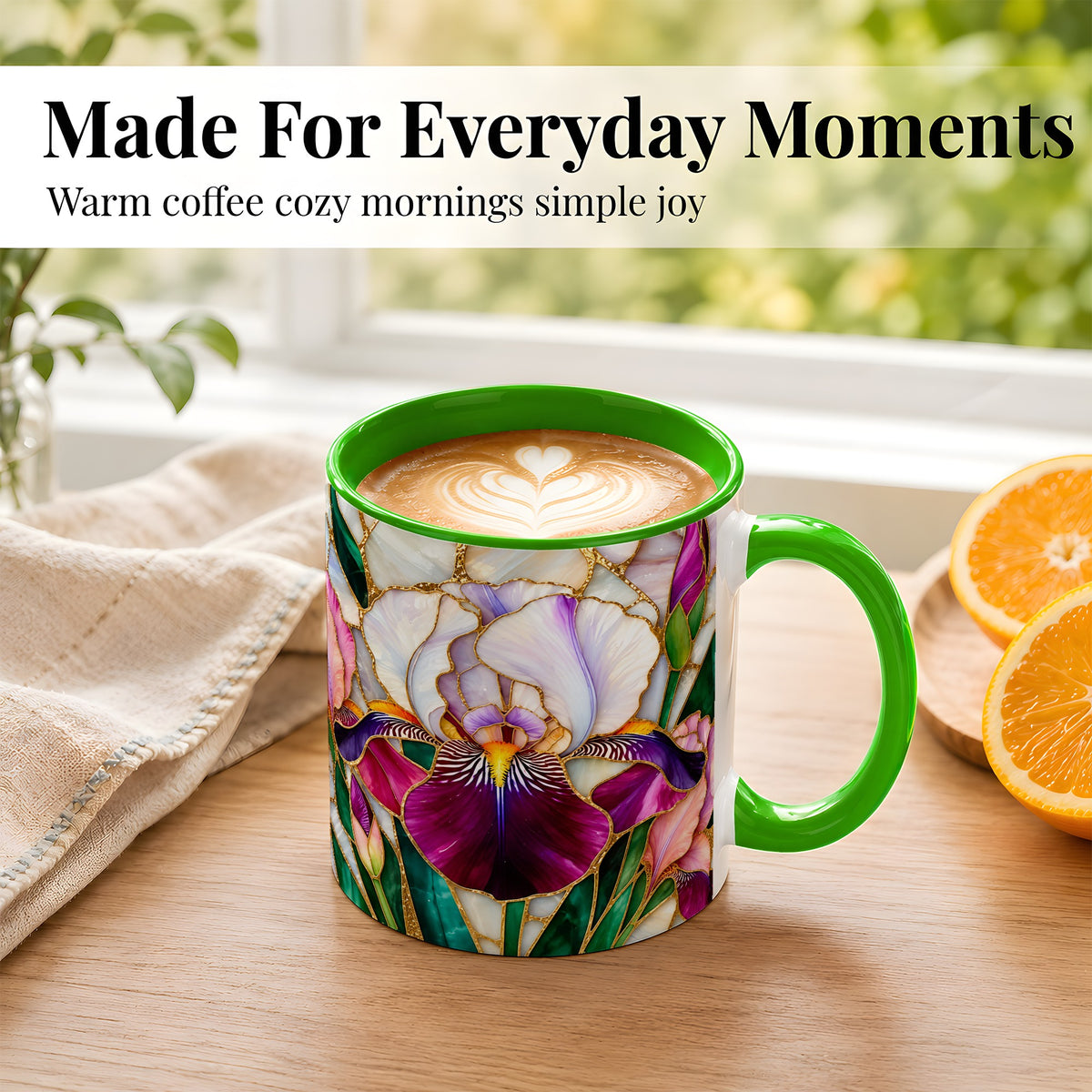 #pl[11oz|Green] Iris Flower Coffee Mug, Stained Glass Mug, Ceramic Cup