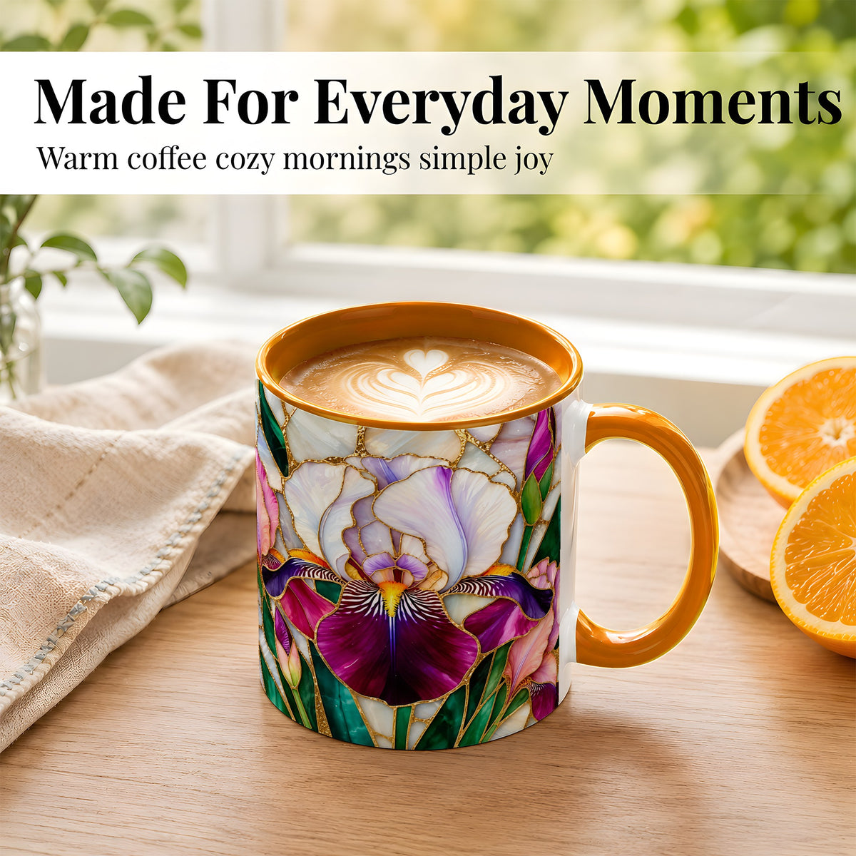 #pl[11oz|Orange] Iris Flower Coffee Mug, Stained Glass Mug, Ceramic Cup