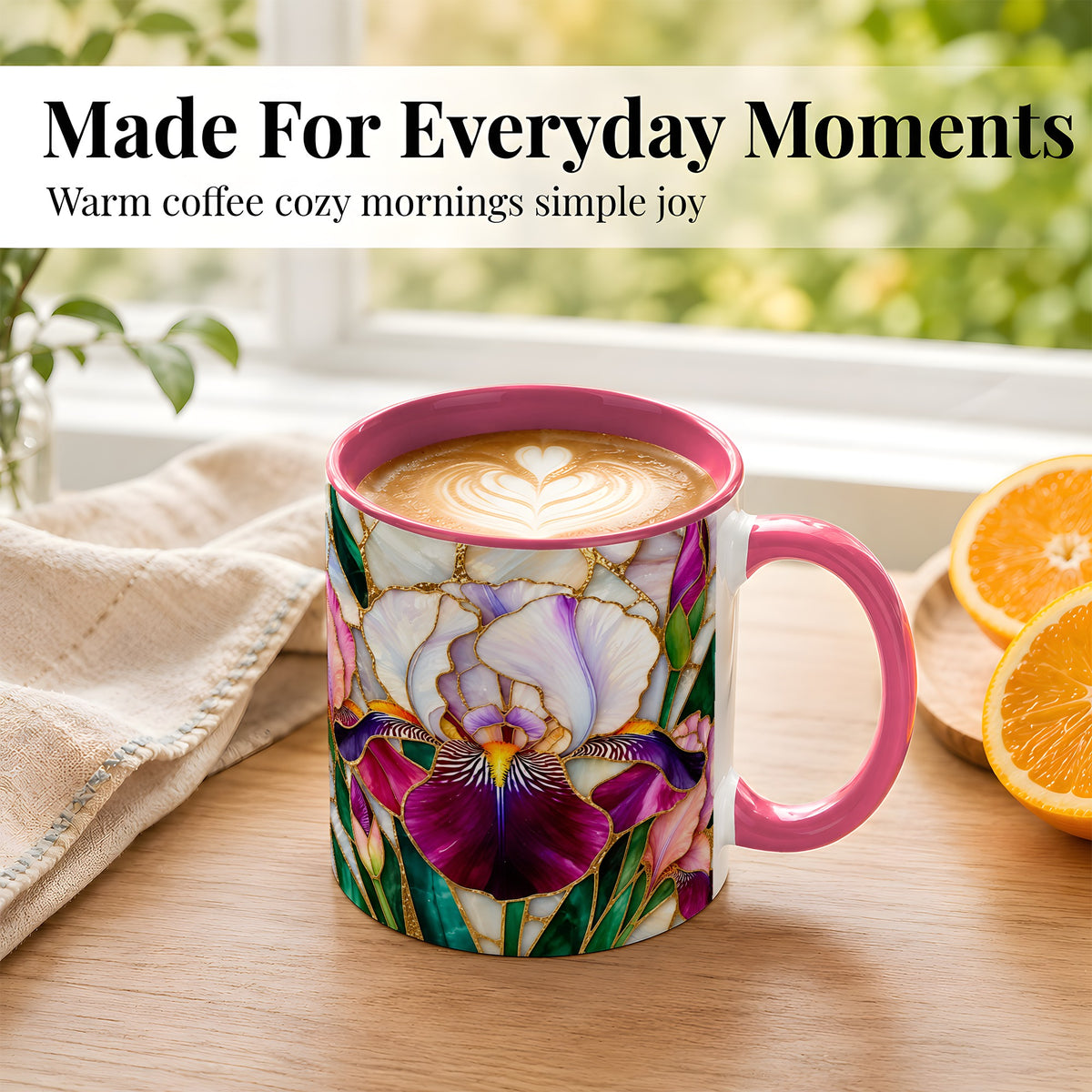 #pl[11oz|Pink] Iris Flower Coffee Mug, Stained Glass Mug, Ceramic Cup