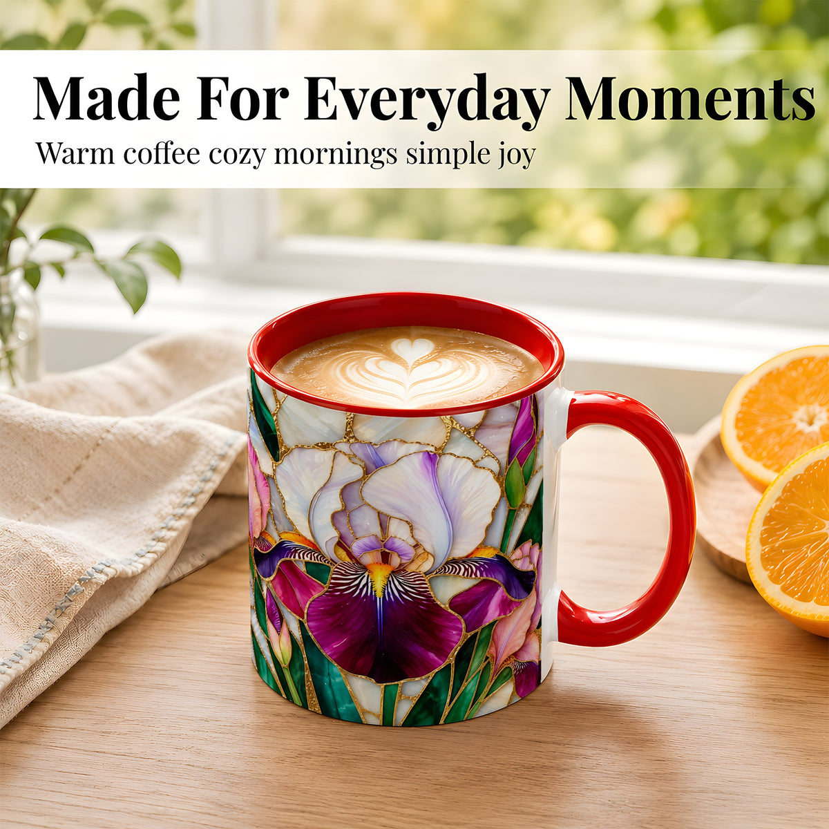 #pl[11oz|Red] Iris Flower Coffee Mug, Stained Glass Mug, Ceramic Cup