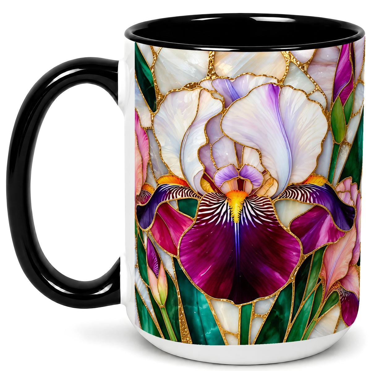 #pl[15oz|Black] Iris Flower Coffee Mug, Stained Glass Mug, Ceramic Cup
