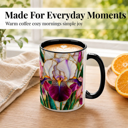 #pl[15oz|Black] Iris Flower Coffee Mug, Stained Glass Mug, Ceramic Cup
