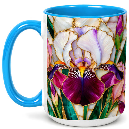 #pl[15oz|Blue] Iris Flower Coffee Mug, Stained Glass Mug, Ceramic Cup