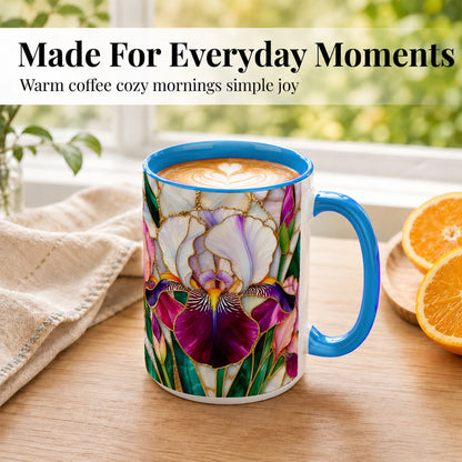 #pl[15oz|Blue] Iris Flower Coffee Mug, Stained Glass Mug, Ceramic Cup