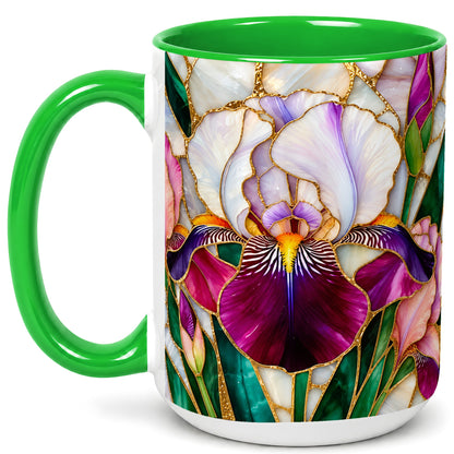 #pl[15oz|Green] Iris Flower Coffee Mug, Stained Glass Mug, Ceramic Cup