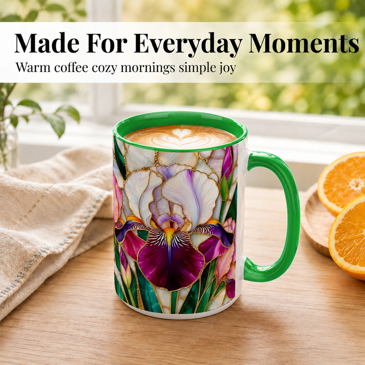 #pl[15oz|Green] Iris Flower Coffee Mug, Stained Glass Mug, Ceramic Cup