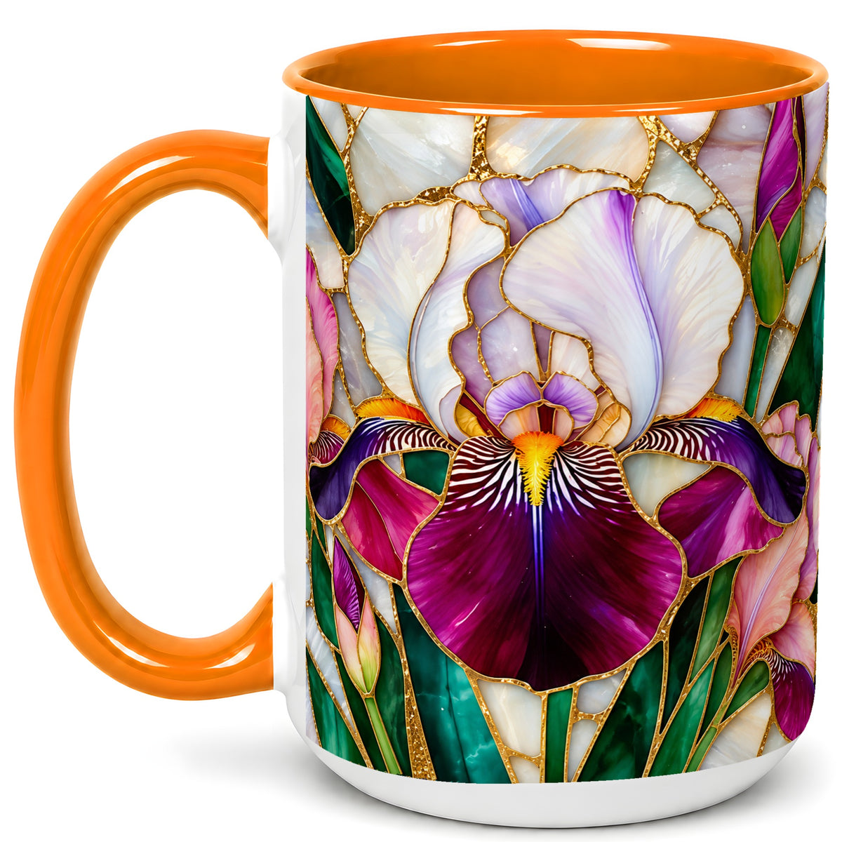 #pl[15oz|Orange] Iris Flower Coffee Mug, Stained Glass Mug, Ceramic Cup