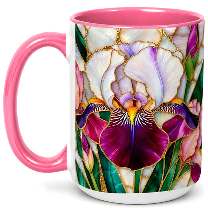 #pl[15oz|Pink] Iris Flower Coffee Mug, Stained Glass Mug, Ceramic Cup