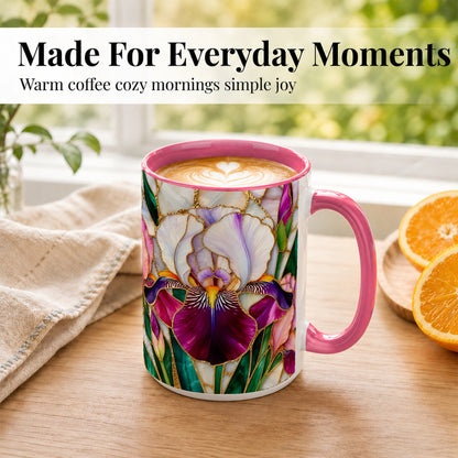 #pl[15oz|Pink] Iris Flower Coffee Mug, Stained Glass Mug, Ceramic Cup