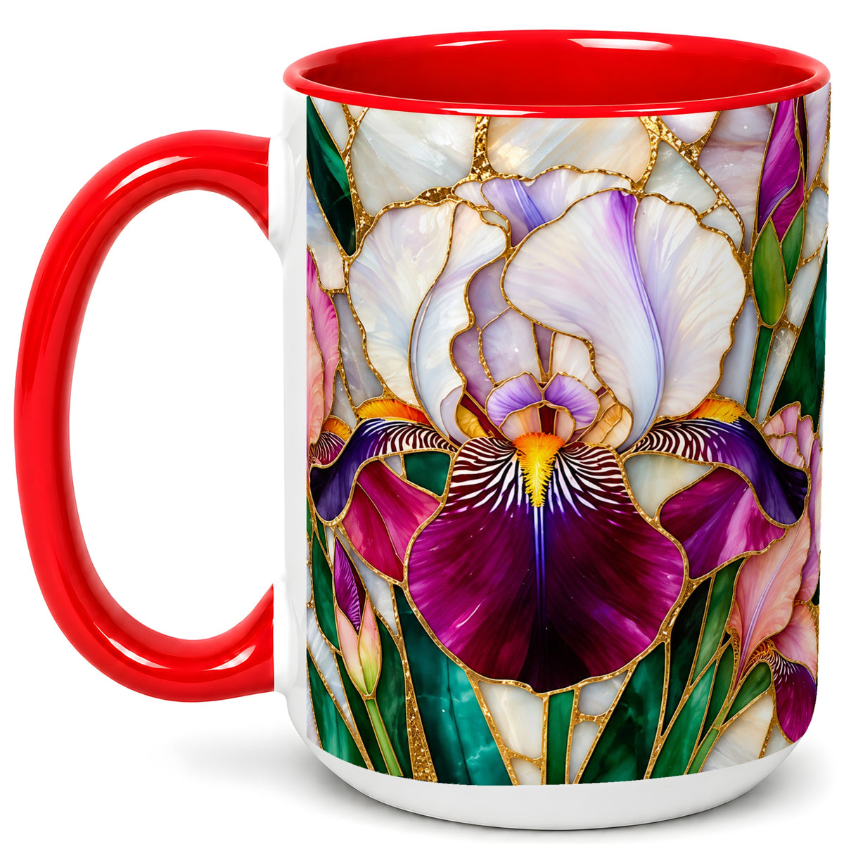 #pl[15oz|Red] Iris Flower Coffee Mug, Stained Glass Mug, Ceramic Cup