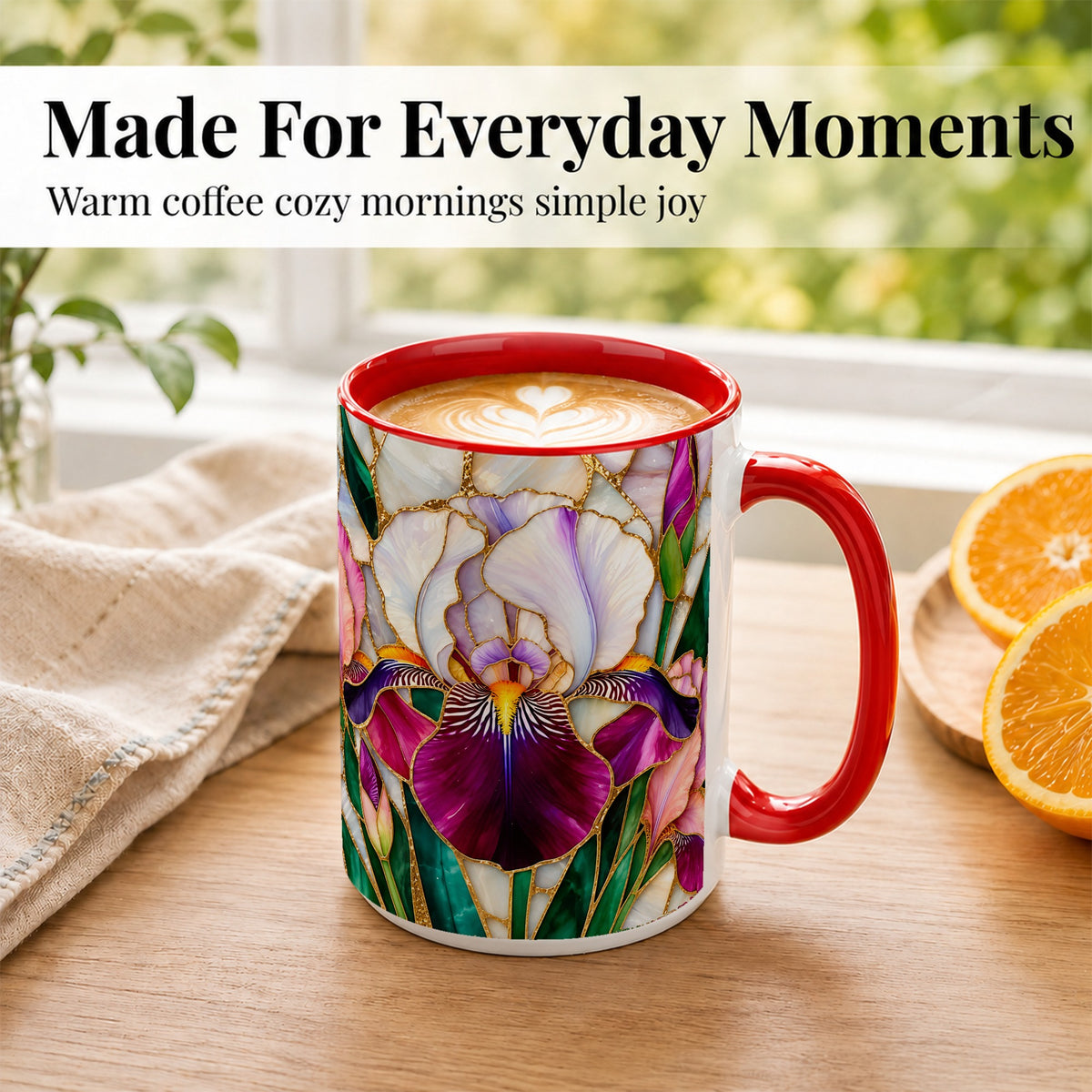 #pl[15oz|Red] Iris Flower Coffee Mug, Stained Glass Mug, Ceramic Cup