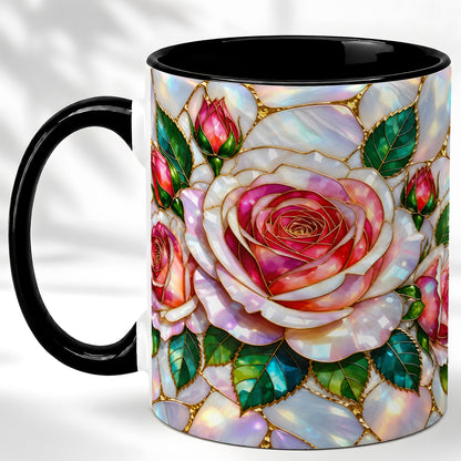 #pl[11oz|Black] Rose Floral Coffee Mug, Stained Glass Mug, Ceramic Cup