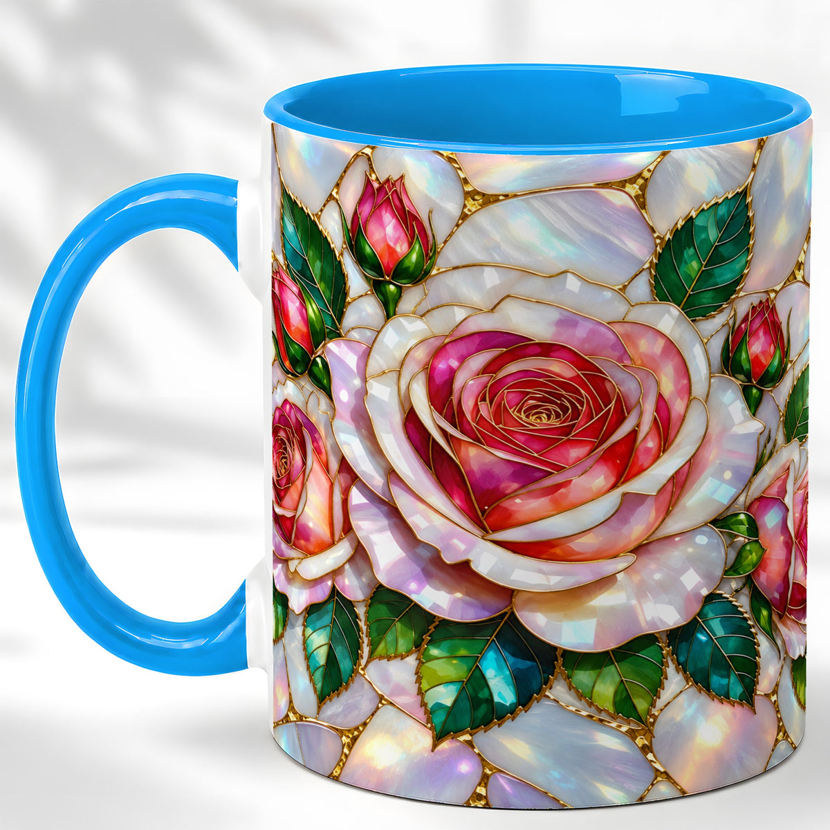 #pl[11oz|Blue] Rose Floral Coffee Mug, Stained Glass Mug, Ceramic Cup