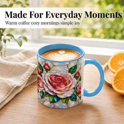#pl[11oz|Blue] Rose Floral Coffee Mug, Stained Glass Mug, Ceramic Cup