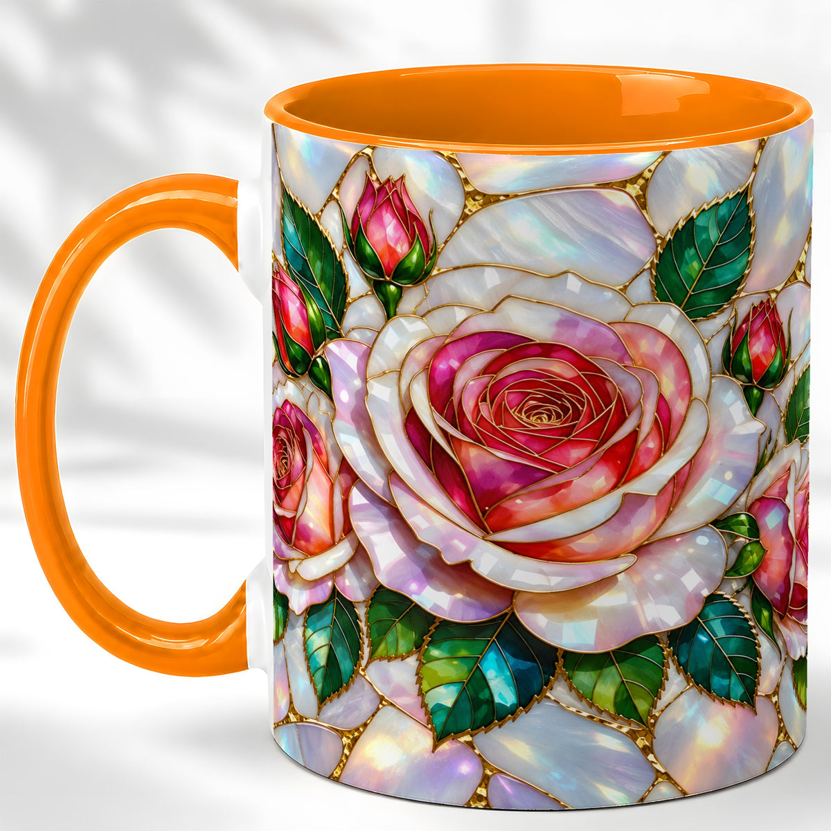 #pl[11oz|Orange] Rose Floral Coffee Mug, Stained Glass Mug, Ceramic Cup